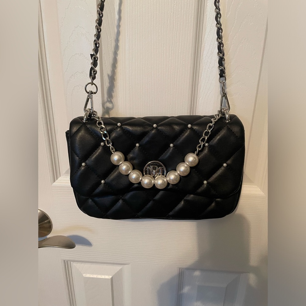 Studio Badgley Mischka Vegan Leather - Round Letter Lock Crossbody with Pearls